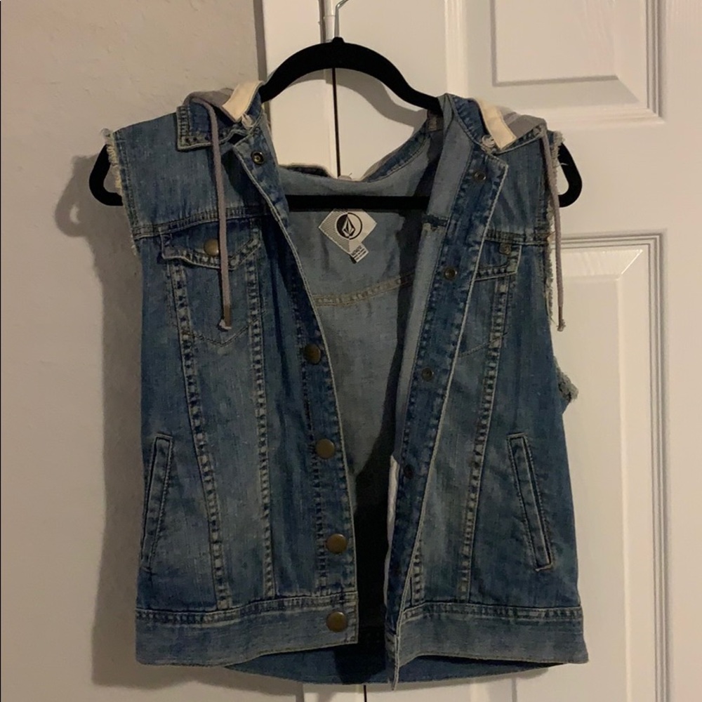 Denim vest with detachable grey hood